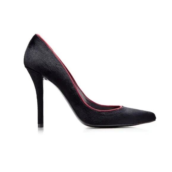 Annasophia Robb x Stuart Weitzman Maroon Trim Pony Hair Black Stiletto Heels - 9 - Picture 1 of 12